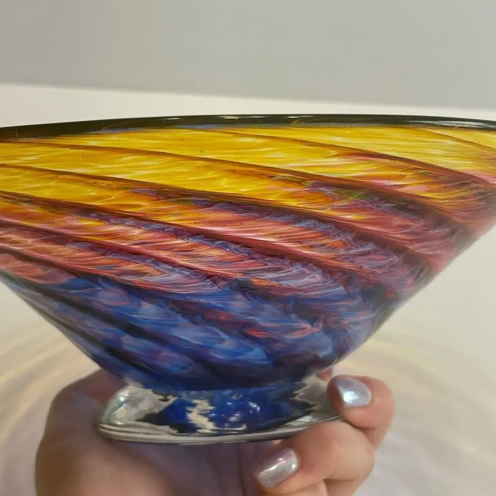 Hand Blown Glass Footed Wide Rim 9” Multicolor Swirl Glass Bowl